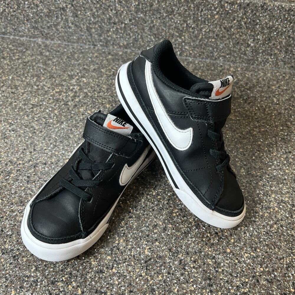 Nike Little Kids Toddler Size 10C Black/White Leather Sneakers Low Snap On Shoes